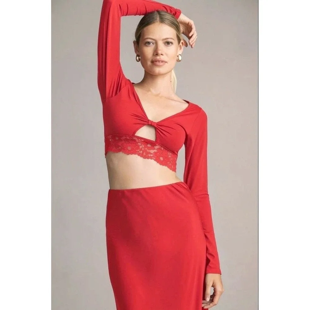 Anthropologie S/M Lace-Trim Cutout Long-Sleeve Crop Top Red Coquette Ballet Sexy